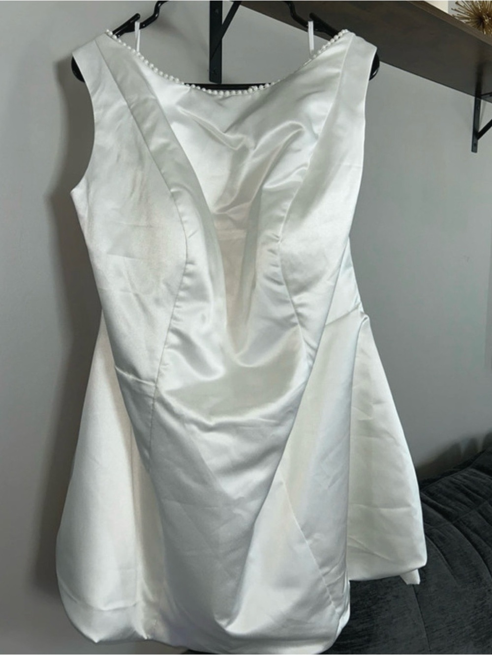 SHEIN White Satin Pearl-Trim Sleeveless Wedding Dress